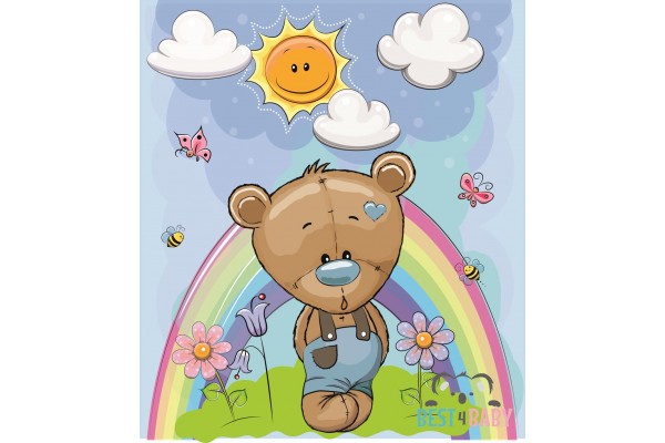 Boy teddy bear under the sky curtain